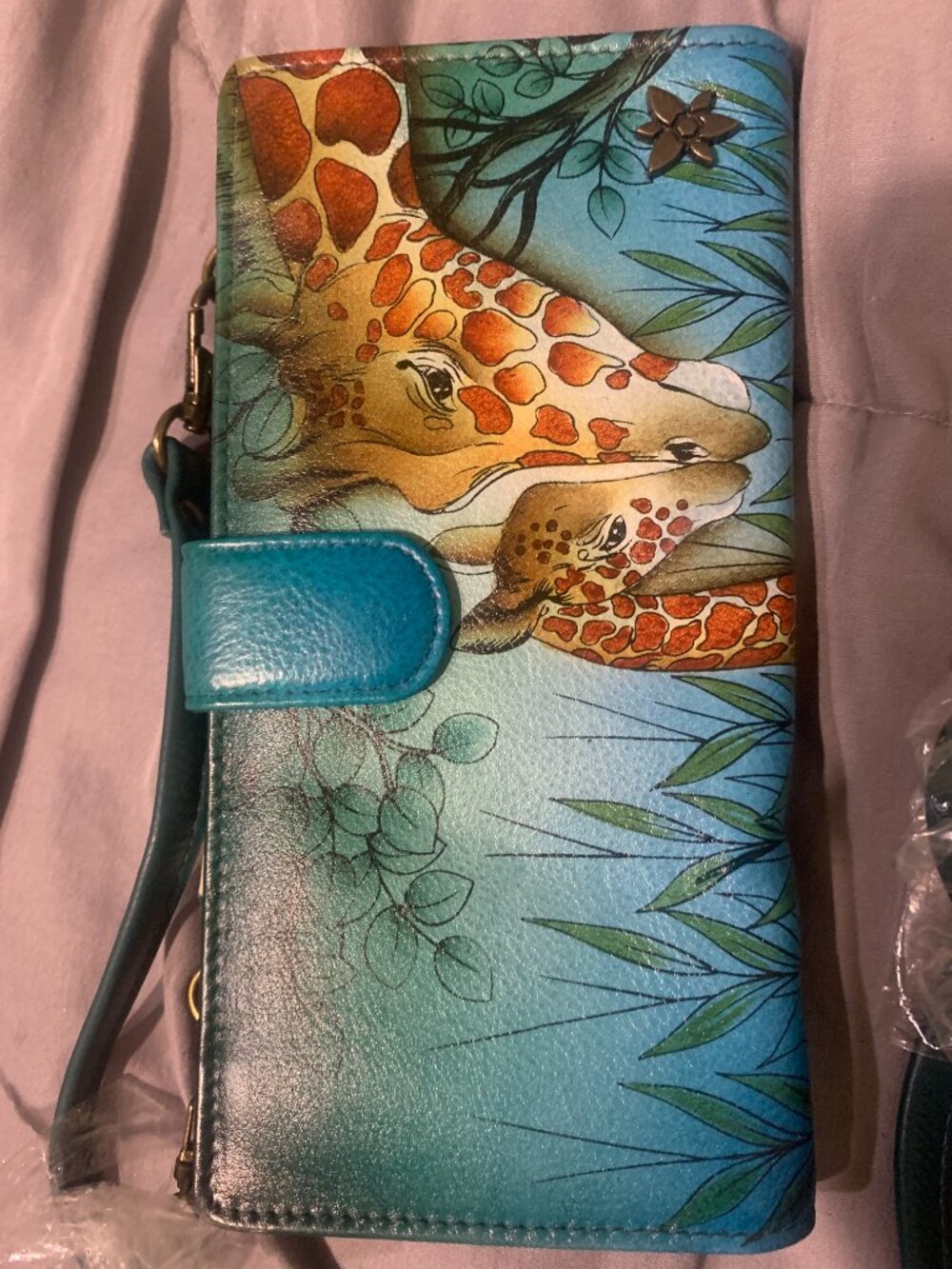 NIB Anuschka Leather Giraffe Double Compartment Crossbody Wallet - Picture 3 of 14
